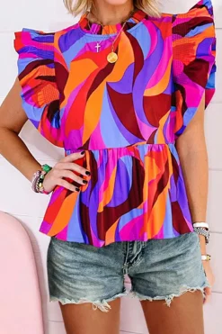 Clearance Dear-Lover Abstract Print Flutter Sleeve Peplum Blouse Orange