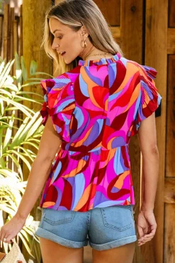 Clearance Dear-Lover Abstract Print Flutter Sleeve Peplum Blouse Orange