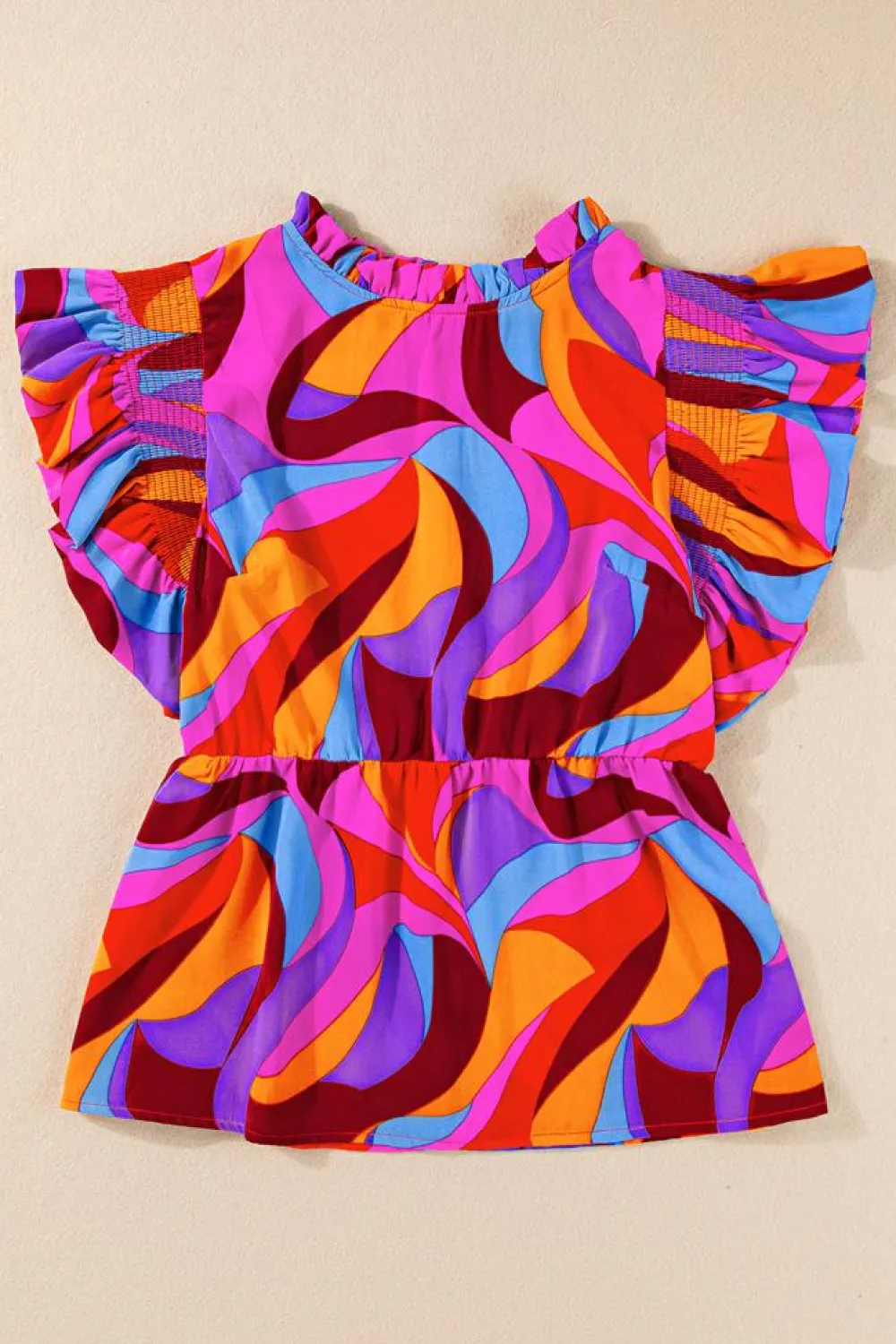 Clearance Dear-Lover Abstract Print Flutter Sleeve Peplum Blouse Orange