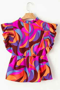 Clearance Dear-Lover Abstract Print Flutter Sleeve Peplum Blouse Orange