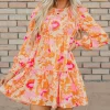 Outlet Dear-Lover Abstract Print Smocked Lantern Sleeve Ruffle Mini Dress Orange