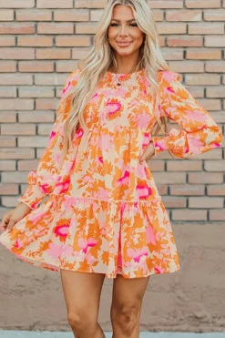 Outlet Dear-Lover Abstract Print Smocked Lantern Sleeve Ruffle Mini Dress Orange