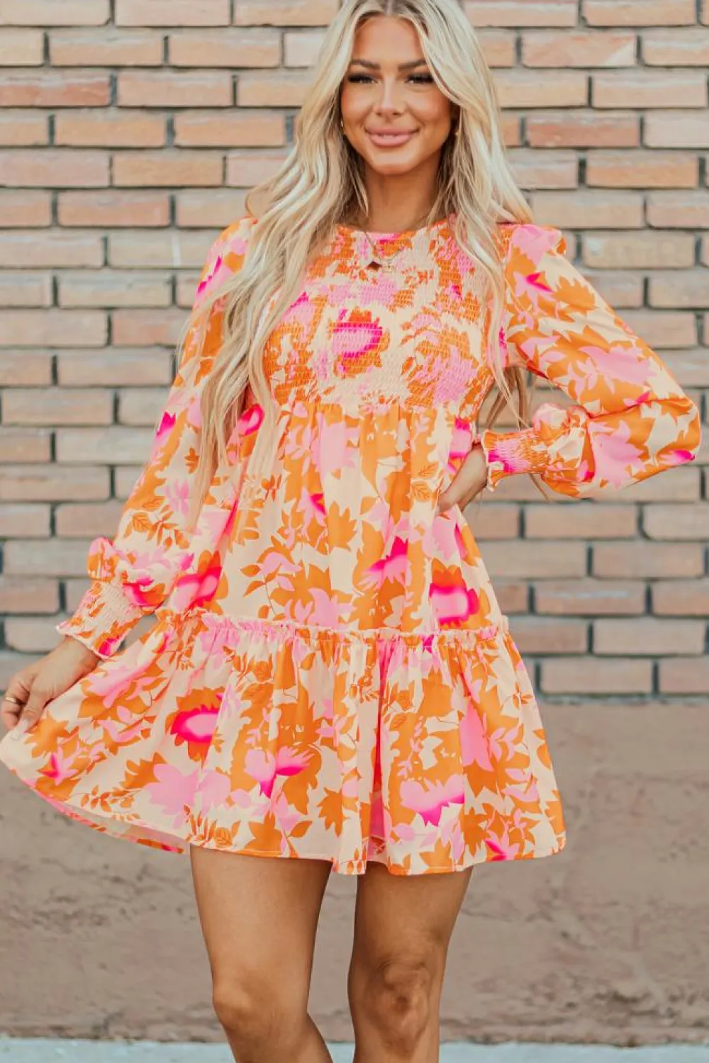 Outlet Dear-Lover Abstract Print Smocked Lantern Sleeve Ruffle Mini Dress Orange