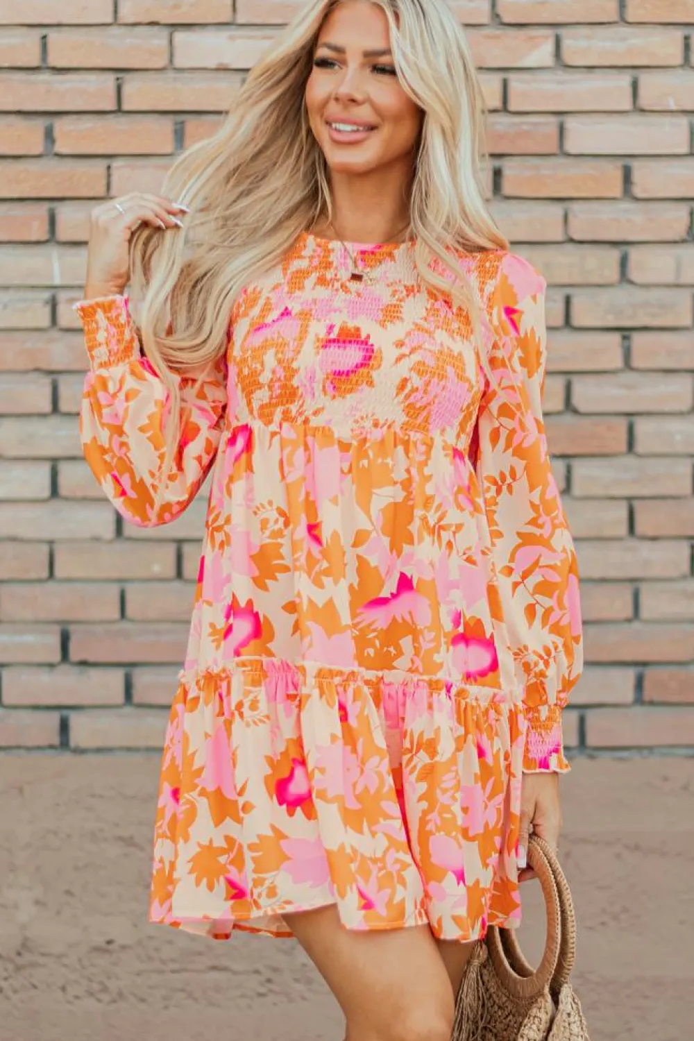 Outlet Dear-Lover Abstract Print Smocked Lantern Sleeve Ruffle Mini Dress Orange