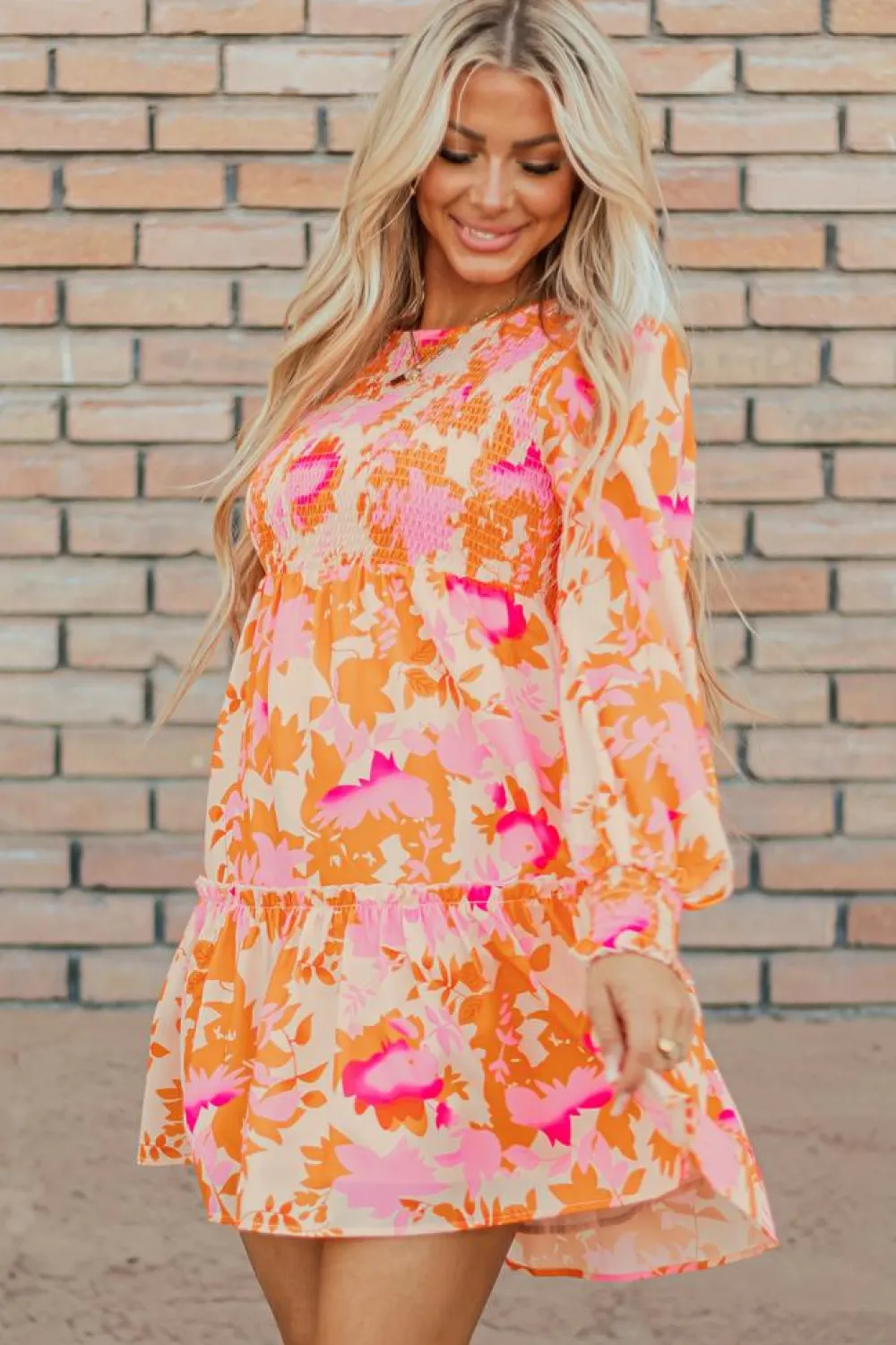 Outlet Dear-Lover Abstract Print Smocked Lantern Sleeve Ruffle Mini Dress Orange