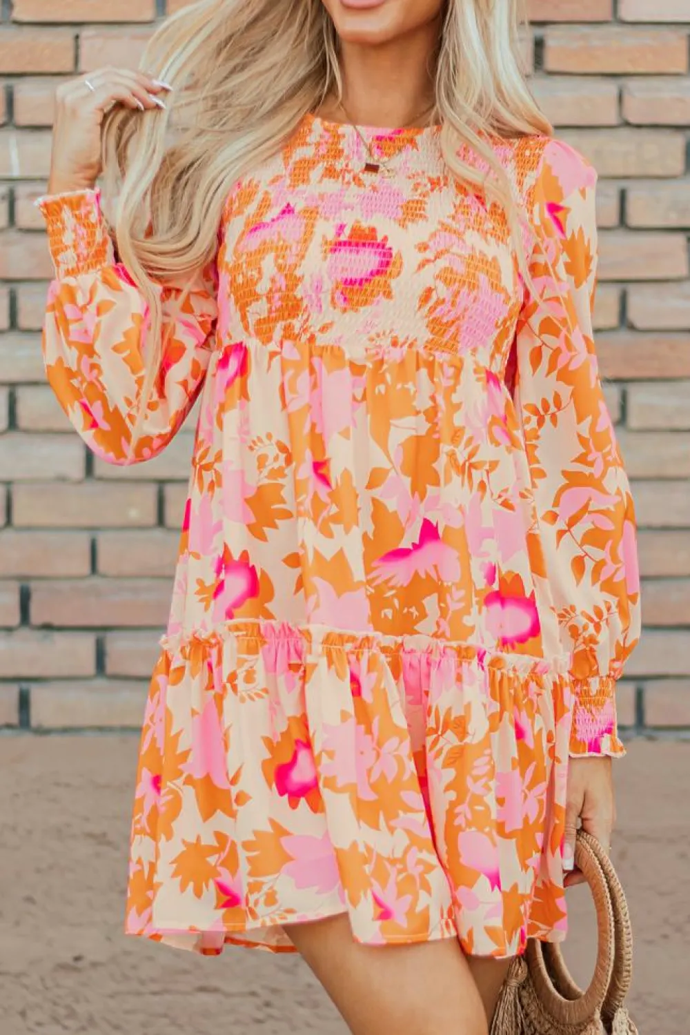Outlet Dear-Lover Abstract Print Smocked Lantern Sleeve Ruffle Mini Dress Orange