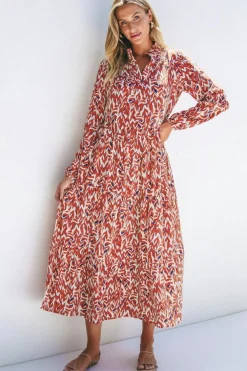 New Dear-Lover Abstract Print V Neck Pleated High Waist Midi Dress Orange
