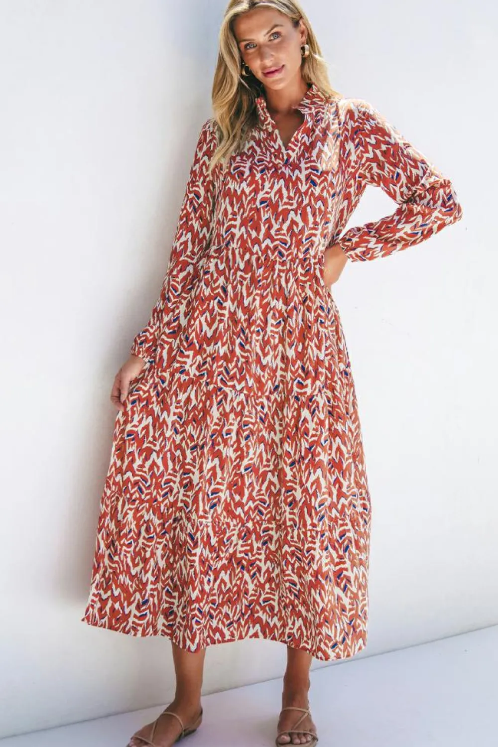 New Dear-Lover Abstract Print V Neck Pleated High Waist Midi Dress Orange
