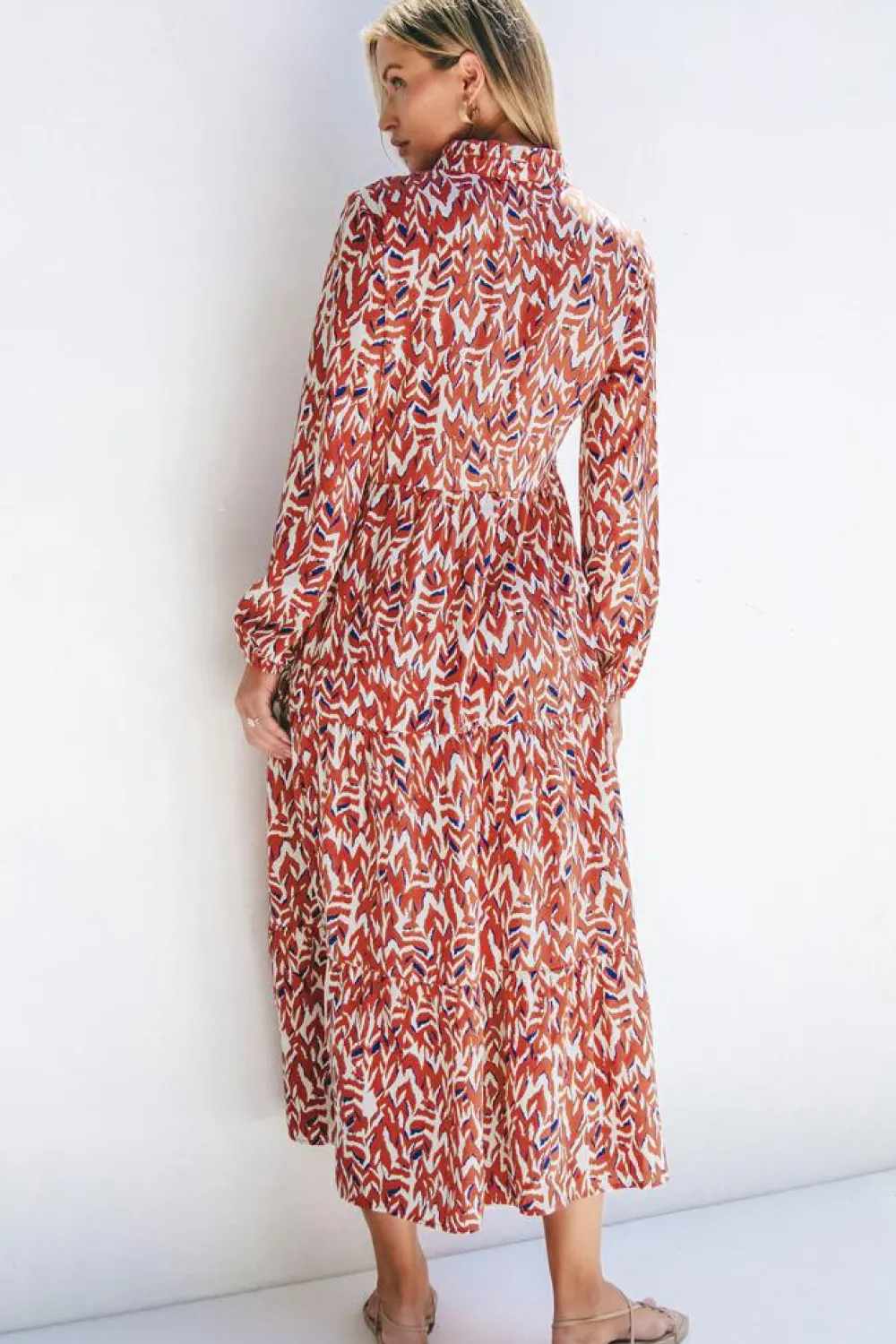 New Dear-Lover Abstract Print V Neck Pleated High Waist Midi Dress Orange