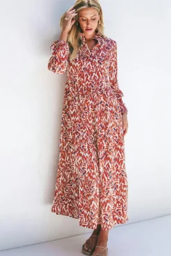 New Dear-Lover Abstract Print V Neck Pleated High Waist Midi Dress Orange