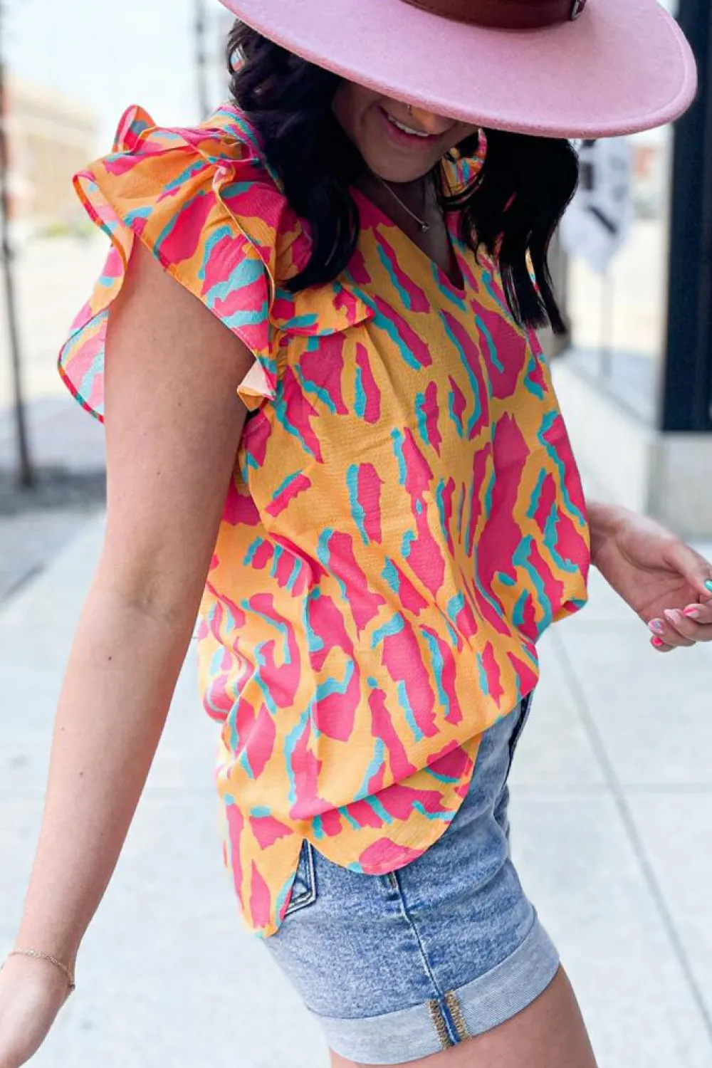 Outlet Dear-Lover Abstract Print V Neck Ruffled Sleeve Blouse Orange