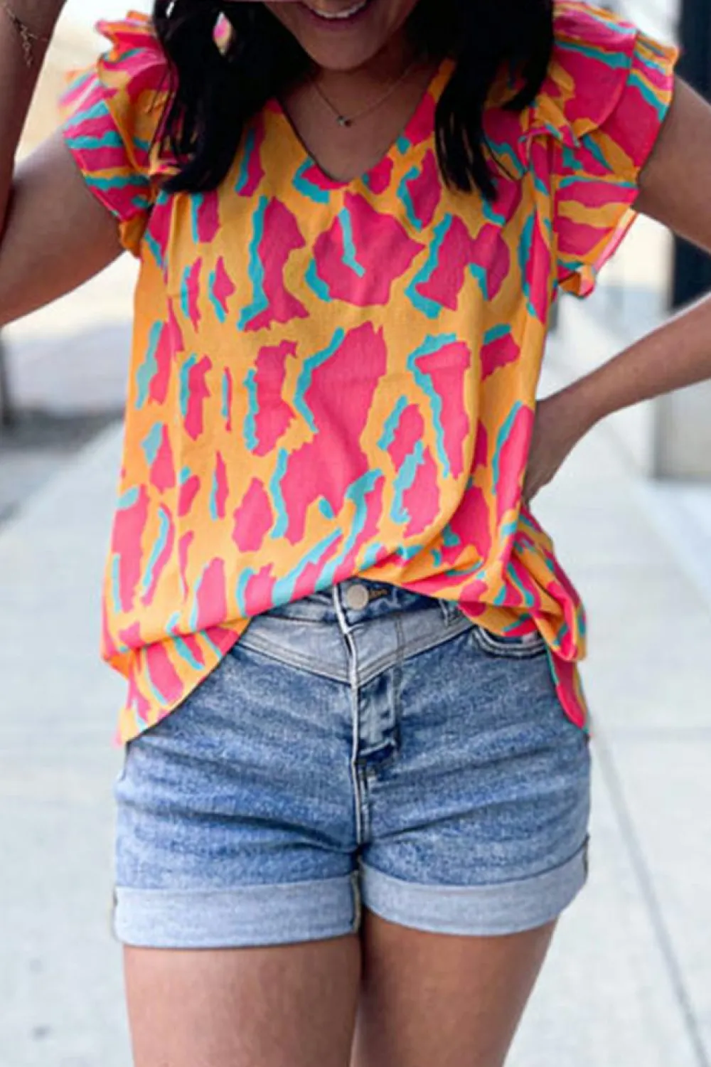 Outlet Dear-Lover Abstract Print V Neck Ruffled Sleeve Blouse Orange