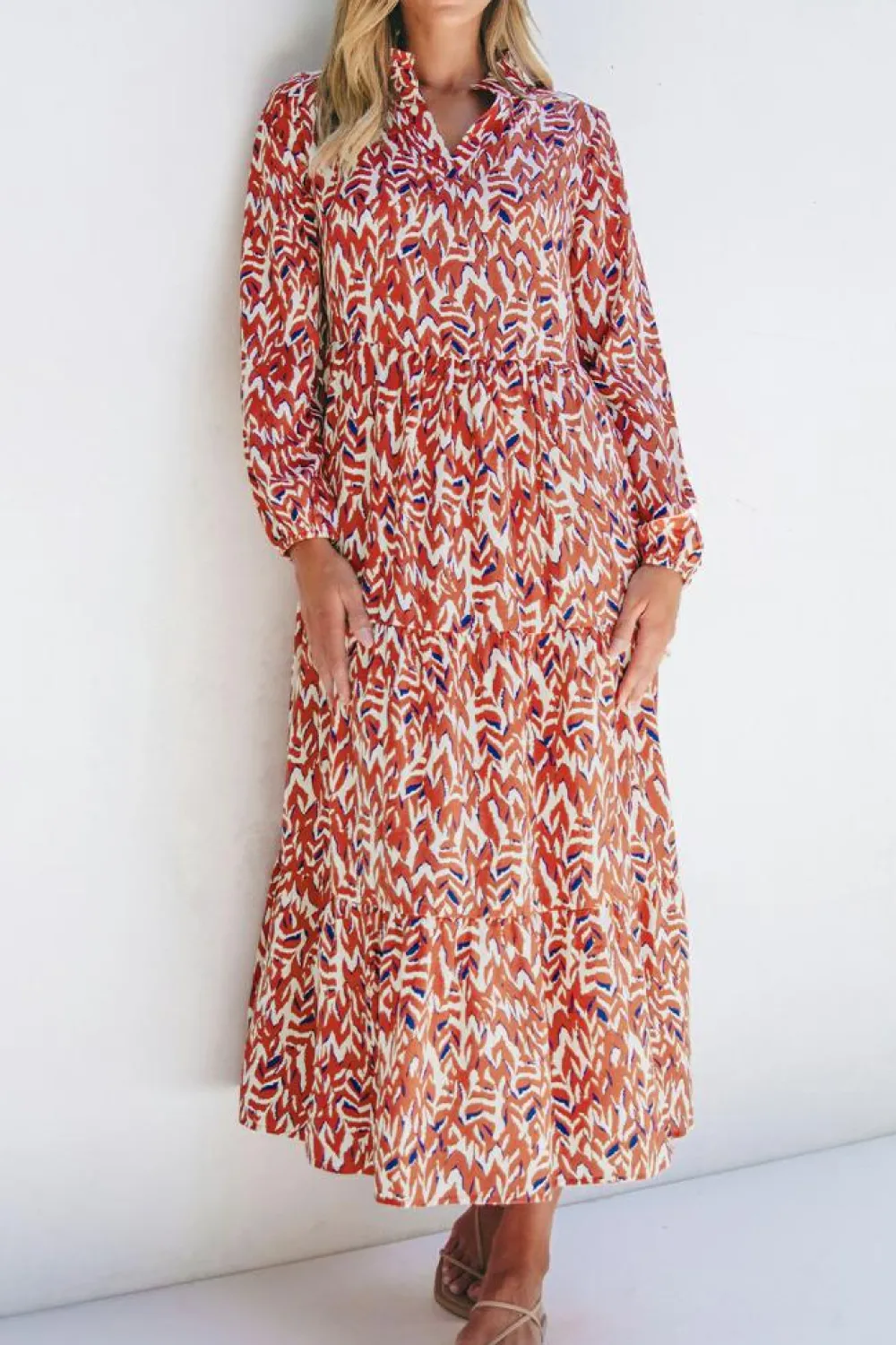 New Dear-Lover Abstract Print V Neck Pleated High Waist Midi Dress Orange