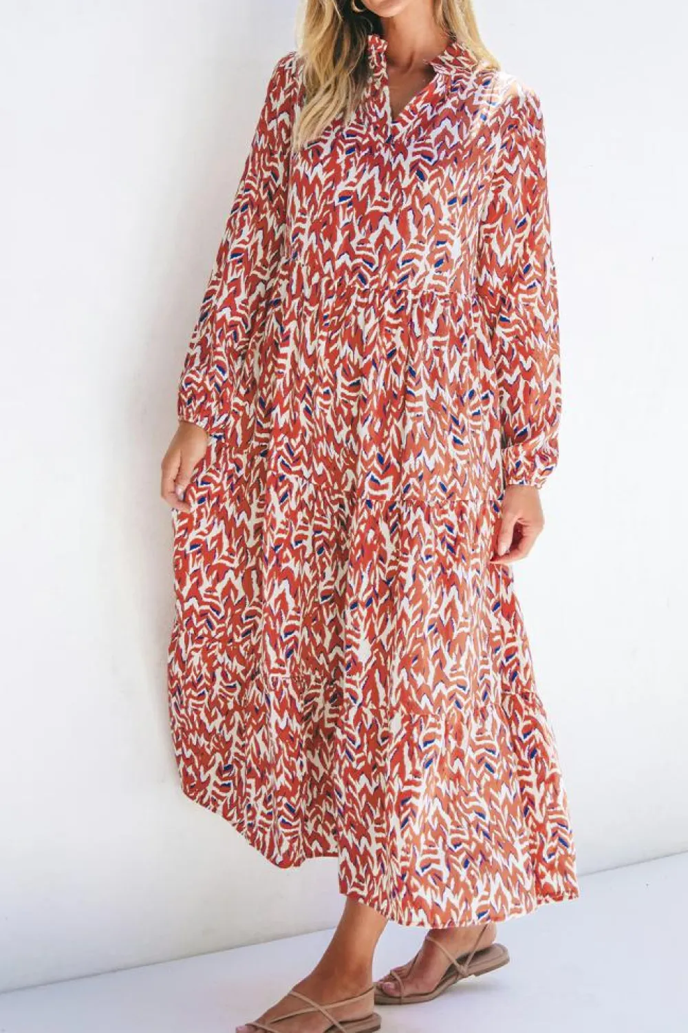 New Dear-Lover Abstract Print V Neck Pleated High Waist Midi Dress Orange