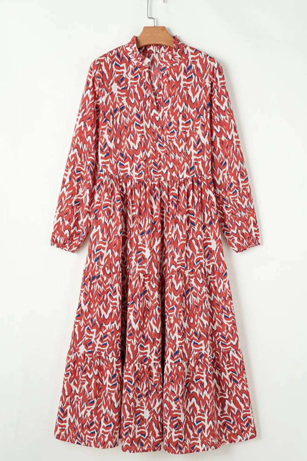 New Dear-Lover Abstract Print V Neck Pleated High Waist Midi Dress Orange
