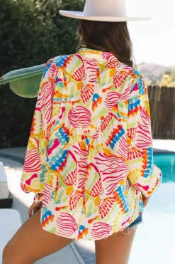 Clearance Dear-Lover Abstract Printed High Low Oversized Shirt Orange