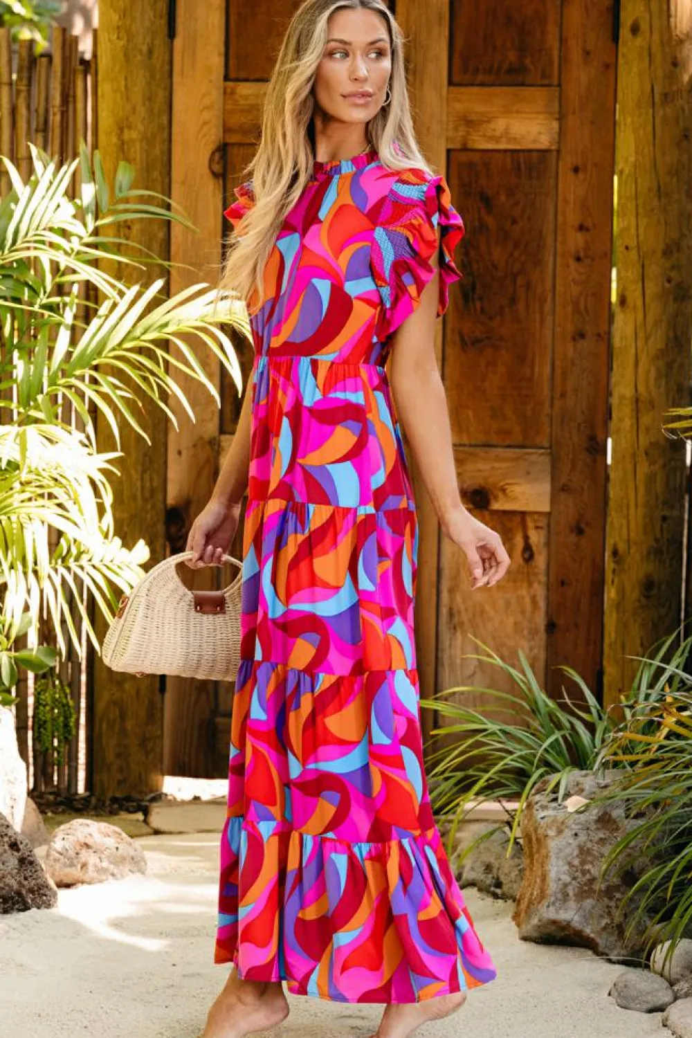 Hot Dear-Lover Abstract Printed High Waist Ruffle Tiered Long Dress Orange