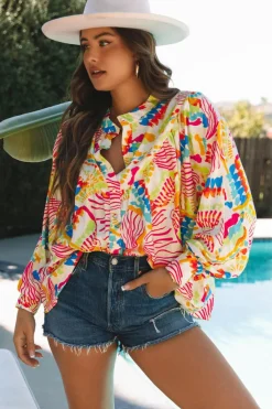 Clearance Dear-Lover Abstract Printed High Low Oversized Shirt Orange