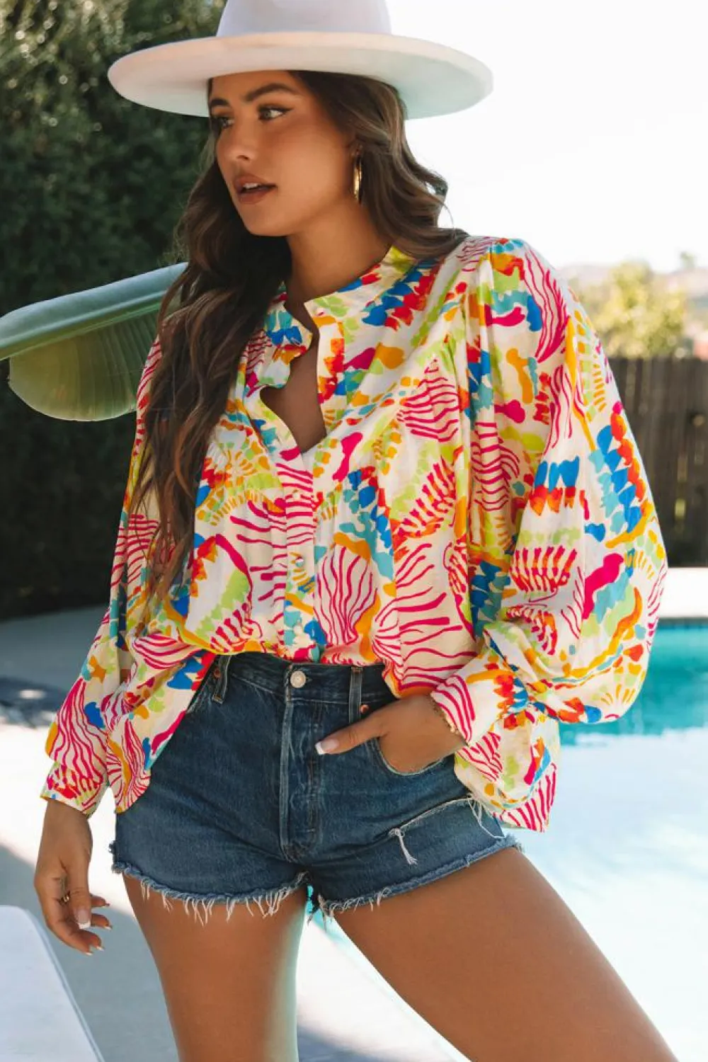 Clearance Dear-Lover Abstract Printed High Low Oversized Shirt Orange