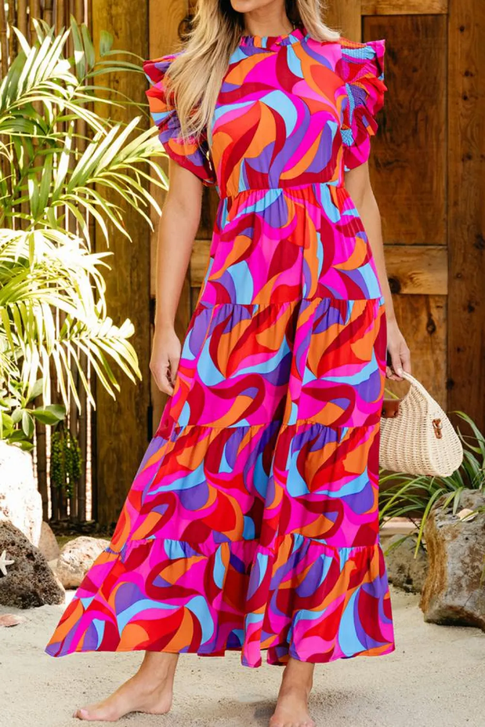 Hot Dear-Lover Abstract Printed High Waist Ruffle Tiered Long Dress Orange