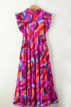 Hot Dear-Lover Abstract Printed High Waist Ruffle Tiered Long Dress Orange
