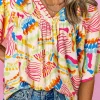 Clearance Dear-Lover Abstract Printed Shirred Bubble Half Sleeve V Neck Blouse Orange