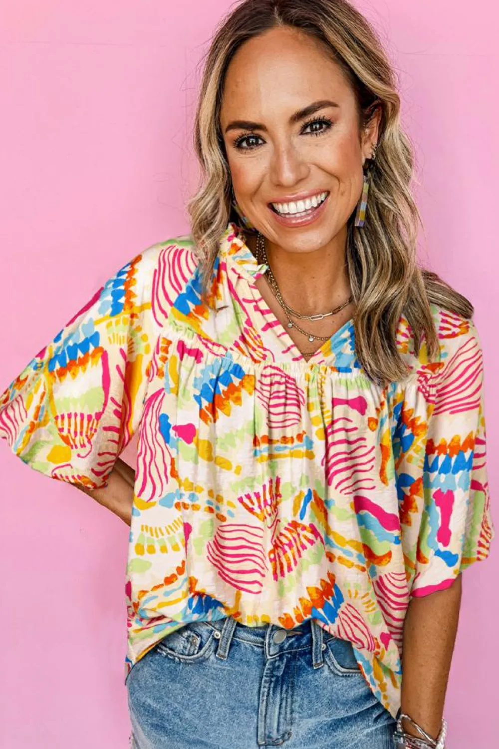 Clearance Dear-Lover Abstract Printed Shirred Bubble Half Sleeve V Neck Blouse Orange
