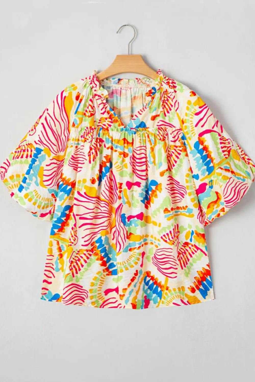 Clearance Dear-Lover Abstract Printed Shirred Bubble Half Sleeve V Neck Blouse Orange