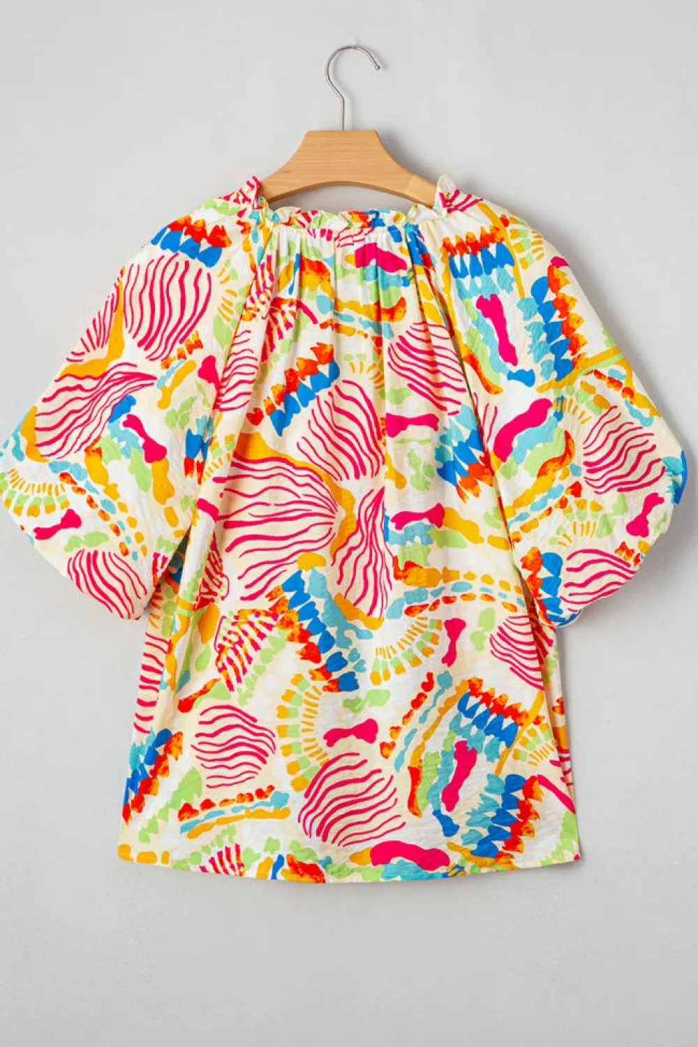 Clearance Dear-Lover Abstract Printed Shirred Bubble Half Sleeve V Neck Blouse Orange