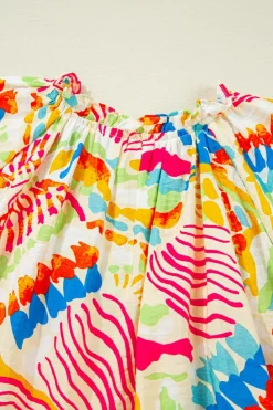 Clearance Dear-Lover Abstract Printed Shirred Bubble Half Sleeve V Neck Blouse Orange