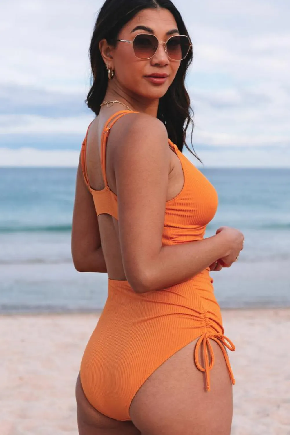 Clearance Dear-Lover Adjustable Straps Ribbed Knit One Piece Swimsuit Orange