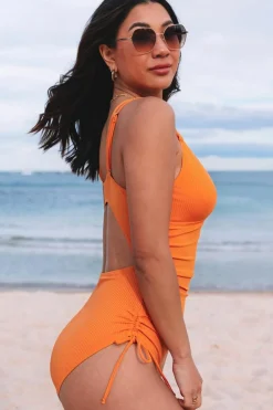 Clearance Dear-Lover Adjustable Straps Ribbed Knit One Piece Swimsuit Orange