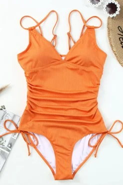 Clearance Dear-Lover Adjustable Straps Ribbed Knit One Piece Swimsuit Orange