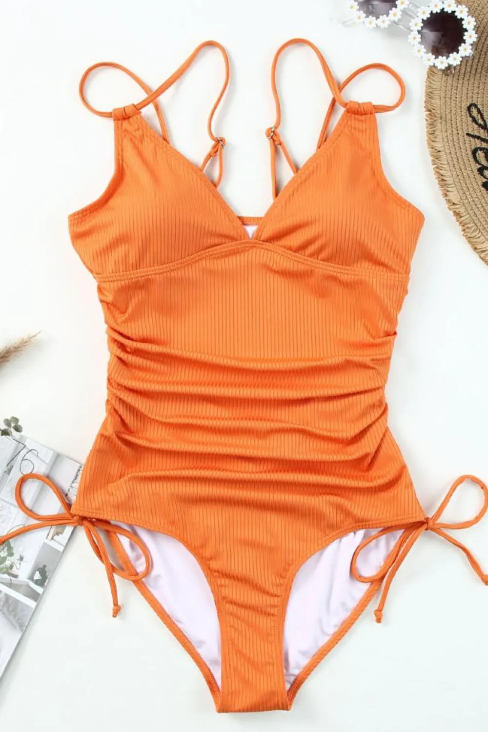 Clearance Dear-Lover Adjustable Straps Ribbed Knit One Piece Swimsuit Orange
