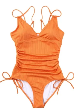 Clearance Dear-Lover Adjustable Straps Ribbed Knit One Piece Swimsuit Orange
