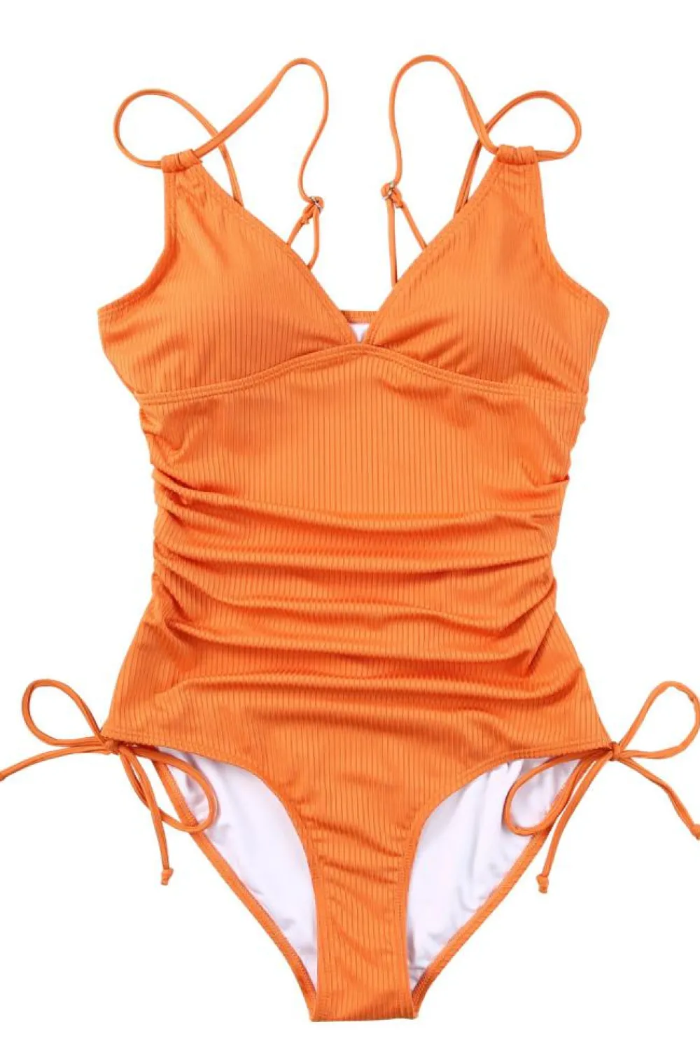 Clearance Dear-Lover Adjustable Straps Ribbed Knit One Piece Swimsuit Orange