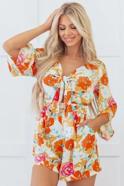 Hot Dear-Lover Blooming Floral Print Front Tie Romper Orange