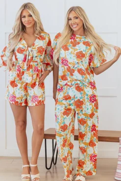 Hot Dear-Lover Blooming Floral Print Front Tie Romper Orange
