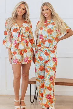 Hot Dear-Lover Blooming Floral Print Front Tie Romper Orange