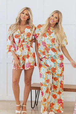 Hot Dear-Lover Blooming Floral Print Front Tie Romper Orange