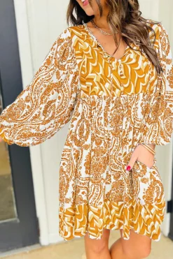 Best Dear-Lover Bohemian Print Puff Sleeve Tied V Neck Flared Mini Dress Orange