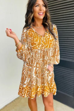 Best Dear-Lover Bohemian Print Puff Sleeve Tied V Neck Flared Mini Dress Orange