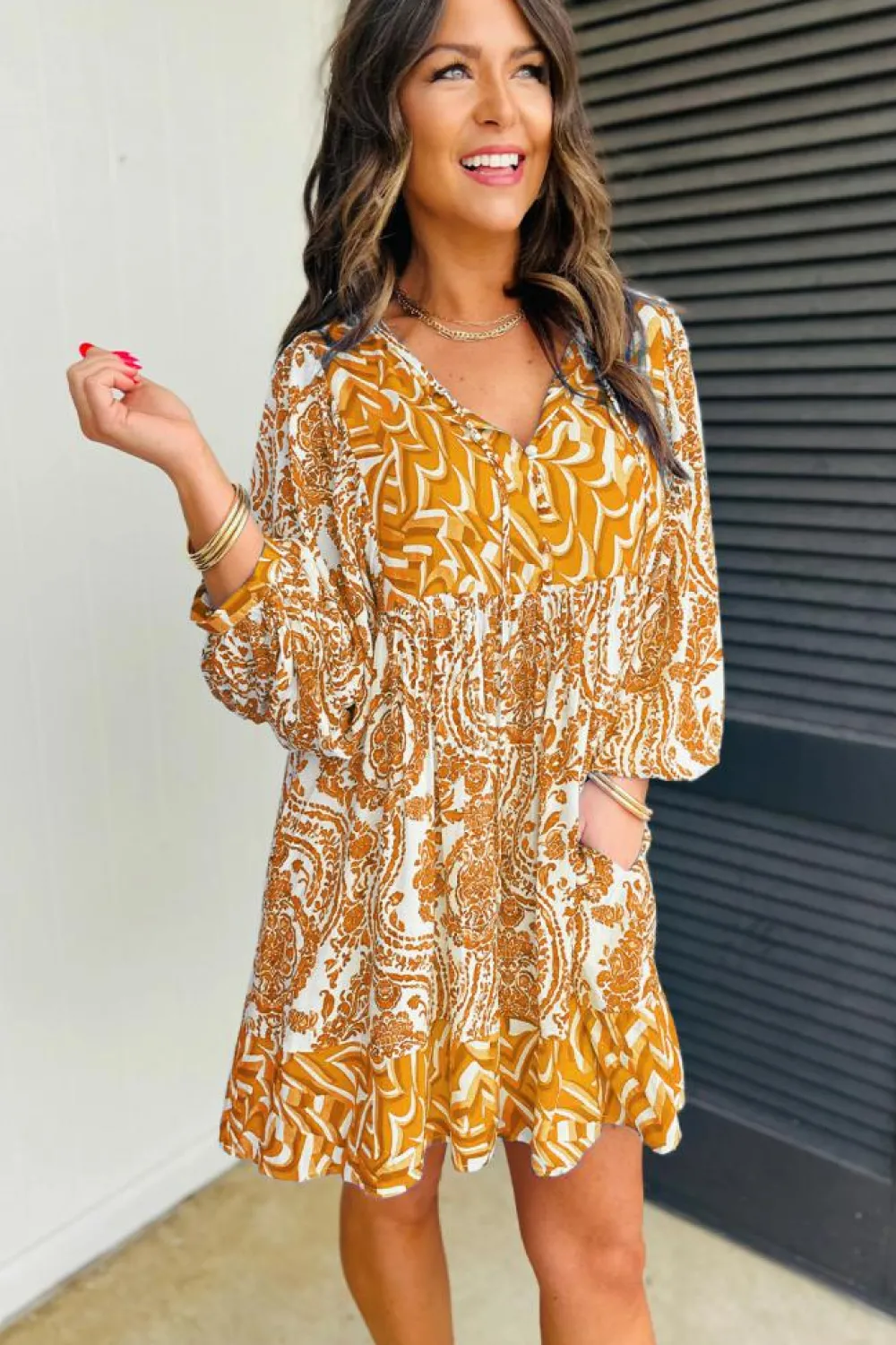 Best Dear-Lover Bohemian Print Puff Sleeve Tied V Neck Flared Mini Dress Orange