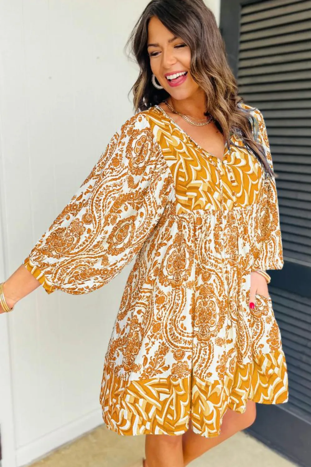 Best Dear-Lover Bohemian Print Puff Sleeve Tied V Neck Flared Mini Dress Orange