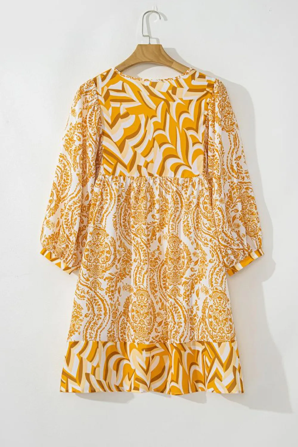 Best Dear-Lover Bohemian Print Puff Sleeve Tied V Neck Flared Mini Dress Orange