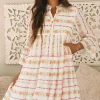 Clearance Dear-Lover Bohemian Printed Bracelet Sleeve Slit Neck Ruffled Loose Dress Orange