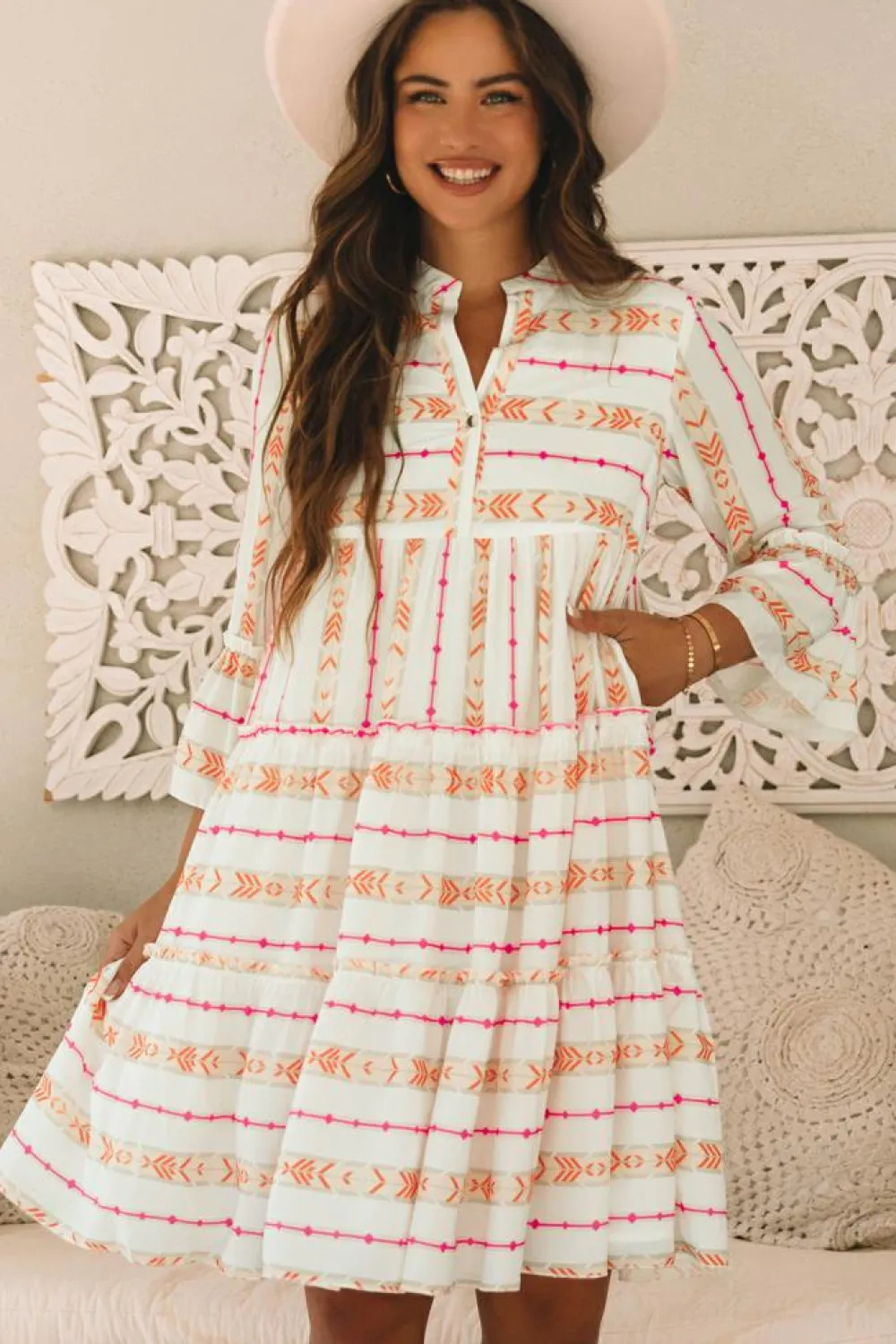 Clearance Dear-Lover Bohemian Printed Bracelet Sleeve Slit Neck Ruffled Loose Dress Orange