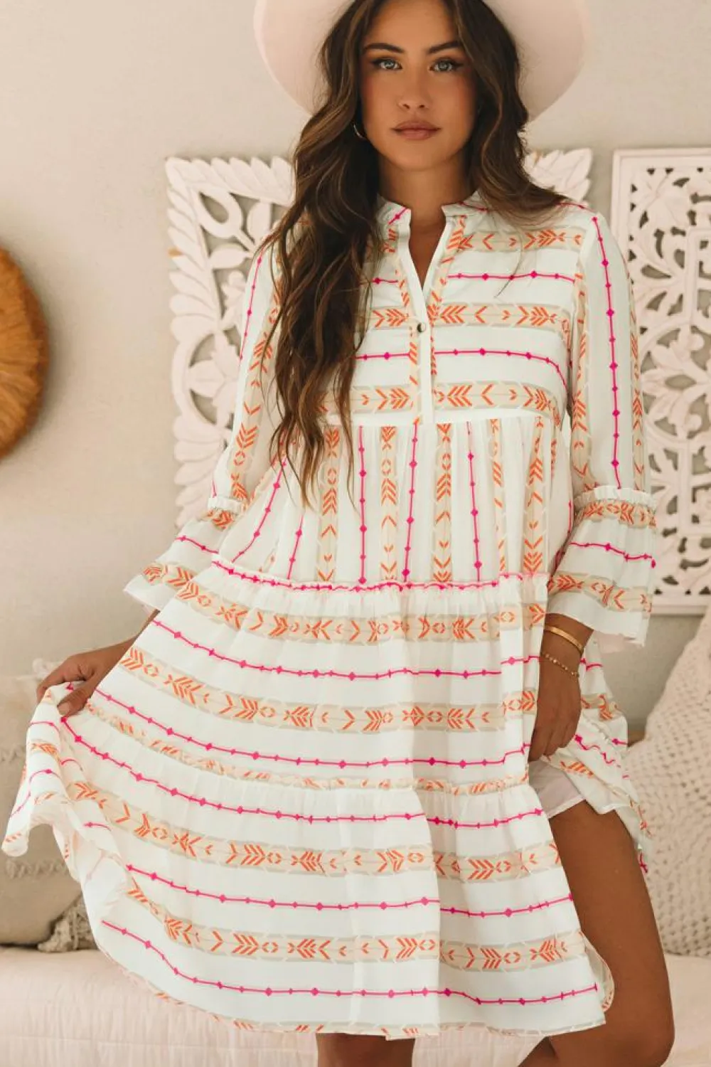 Clearance Dear-Lover Bohemian Printed Bracelet Sleeve Slit Neck Ruffled Loose Dress Orange