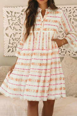Clearance Dear-Lover Bohemian Printed Bracelet Sleeve Slit Neck Ruffled Loose Dress Orange