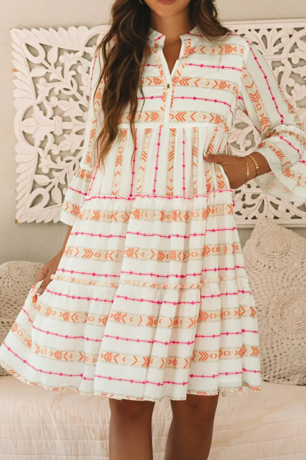Clearance Dear-Lover Bohemian Printed Bracelet Sleeve Slit Neck Ruffled Loose Dress Orange